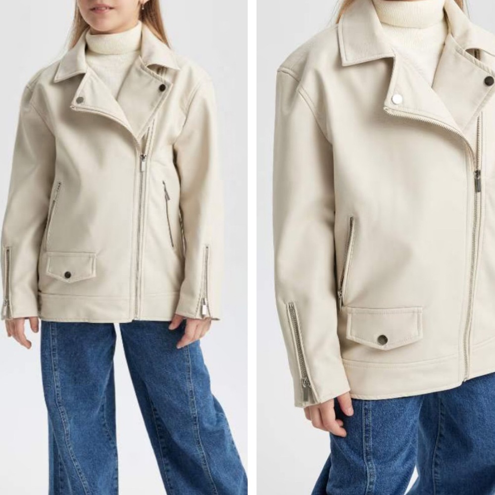 Zara Girls Faux Leather Motorcycle Cream Ivory Biker Jacket Size 8